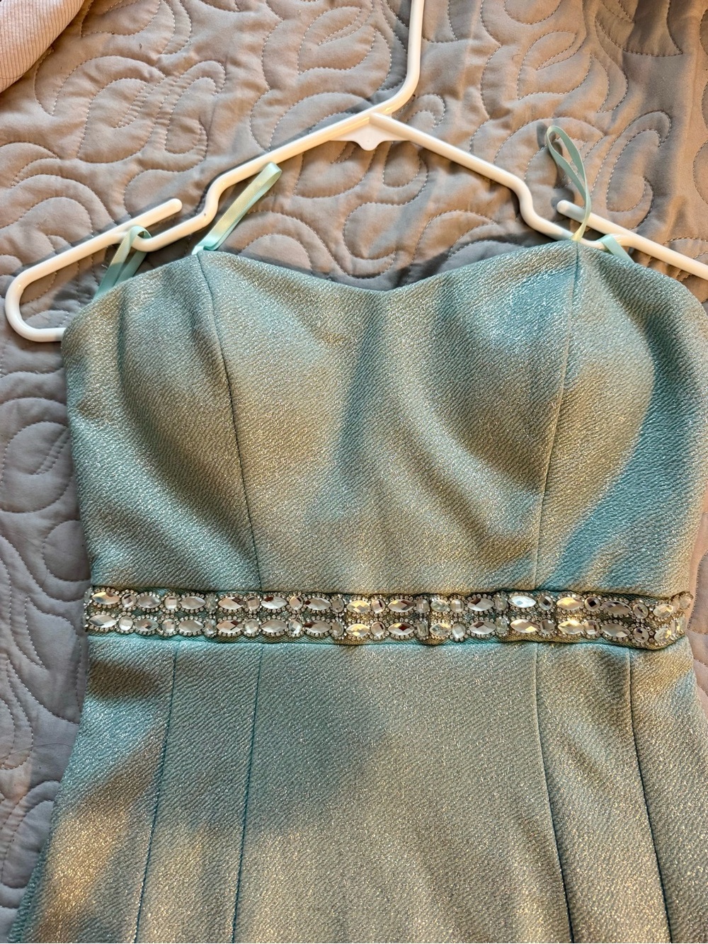 Teeze Me Strapless Shimmery Mint Green Dress with Jeweled Waist
